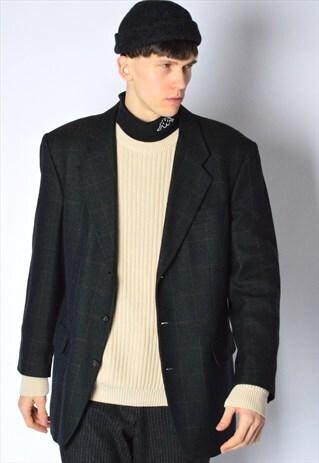 VINTAGE 80S DARK GREEN CHECK WOOL BLAZER