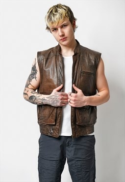 Vintage men leather vest brown retro sleeveless biker jacket