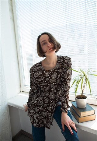VINTAGE 70'S BROWN PATTERNED BOHEMIAN BLOUSE