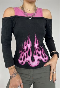 Vintage Y2k Top Flame Layered Off Shoulder Punk Goth Emo 90s