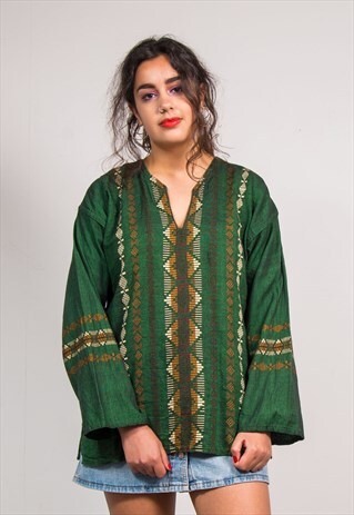 VINTAGE 90'S GREEN GRUNGE STYLE FESTIVAL HIPPIE TUNIC TOP