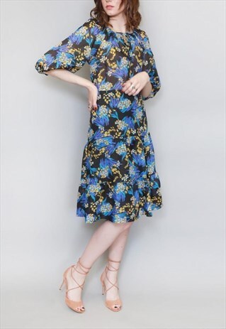 VINTAGE 1970'S FLORAL PRINT TIERED FOLK MIDI DRESS