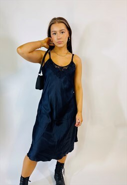 Vintage 00s Y2K Black Satin Lace Summer Slip Dress