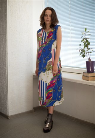 VINTAGE 80'S MIDI MULTICOLOUR PATTERNED SLEEVELESS DRESS