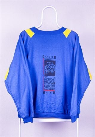 VINTAGE SWEATSHIRT COLOUR BLOCK GRAPHIC BLUE MEDIUM