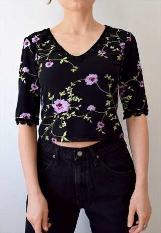 VINTAGE KAREN MILLEN FLORAL CROPPED LILAC VELVET TRIM TOP