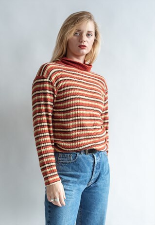 VINTAGE 90S ROLL-NECK JUMPER IN ORANGE STRIPE