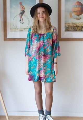 Green floral chiffon A line dress