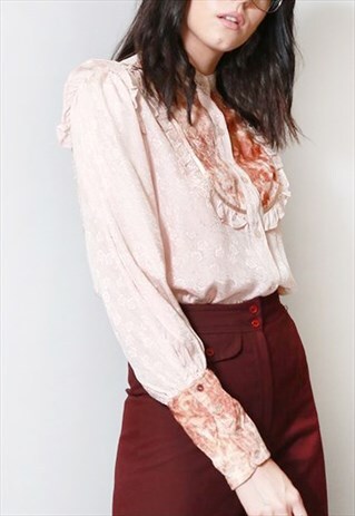 VINTAGE 1970'S PINK FLORAL VELVET INSERT RUFFLED BLOUSE