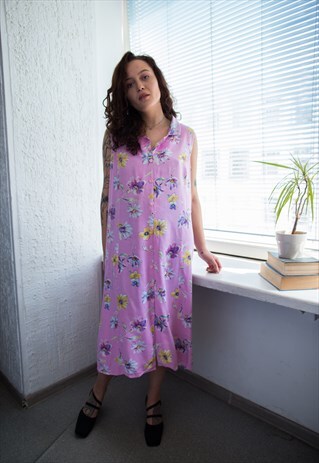 VINTAGE 80'S PINK FLOWER PRINT MIDI SLEEVELESS DRESS