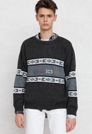 VINTAGE GREY ROUND NECK KNIT WOOL JUMPER SWEATER