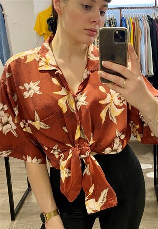VINTAGE 90S SHIRT HAWAIIAN IN MAROON WITH BEIGE FLOWER PRINT