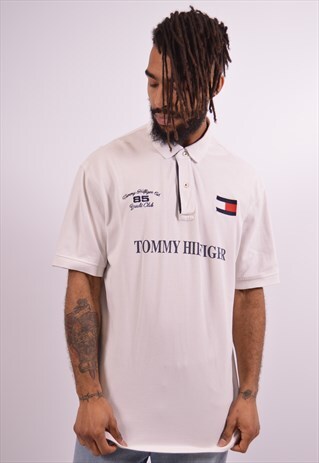 TOMMY HILFIGER MENS VINTAGE POLO SHIRT XL WHITE 90S