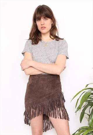VINTAGE 90S BROWN SUEDE FRINGED MINI SKIRT