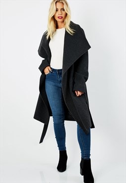 Grey Large Lapel Waterfall Belted Duster Coat