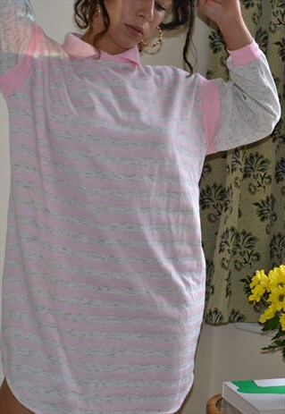 VINTAGE 80S POLO STRIPED TUNIC DRESS WITH COLLAR IN PINK