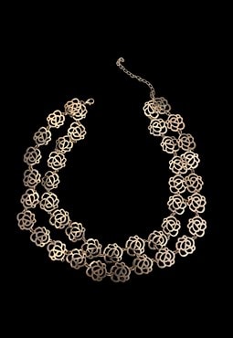 Vintage Ladies Metal Silver Double Tier Floral Necklace