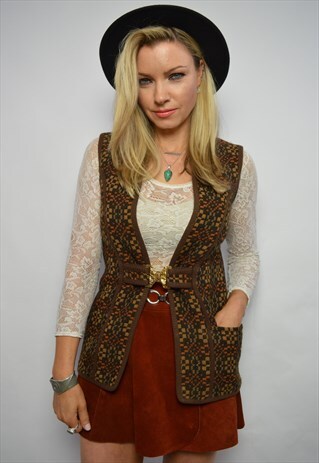 70S BROWN BEIGE & ORANGE WELSH WOVEN WOOL TUNIC WAISTCOAT