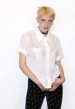 90S MOSCHINO WHITE SHEER SEE THROUGH MESH SHIRT BLOUSE