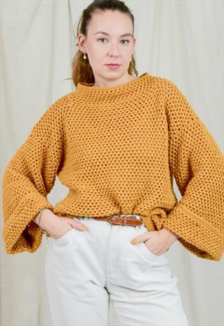 MUSTARD CROCHET SWEATER WIDE SLEEVES PULLOVER BELL SHAPED XL