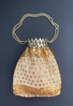 60's Vintage Gold Beaded Handbag Gold Chain Sequins Lurex
