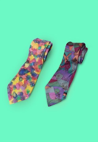 VINTAGE 90'S SET 2 TIES WATERCOLOUR RETRO PRINT