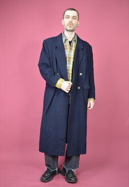  Vintage dark blue classic 80's long wool coat