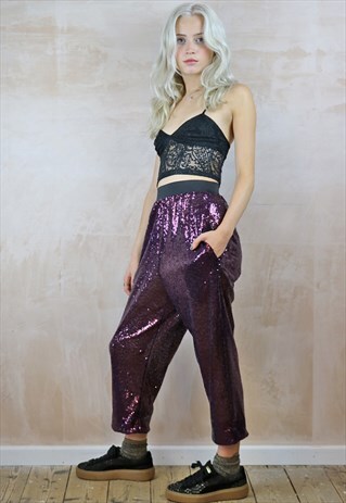 ALL OVER DEEPEST PURPLE SEQUIN CROP PANTS