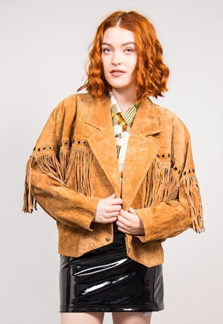 VINTAGE 90'S LIGHT BROWN SUEDE TASSEL BIKER JACKET