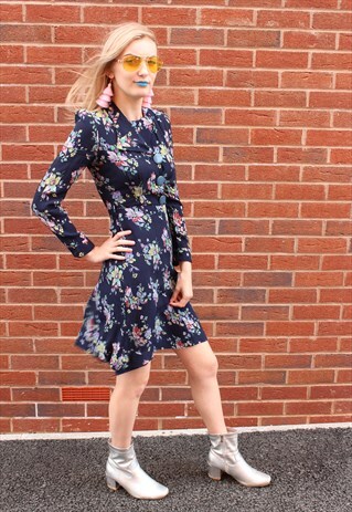 VINTAGE 80'S DARK BLUE FLORAL PRINT DRESS WITH LARGE BUTTONS