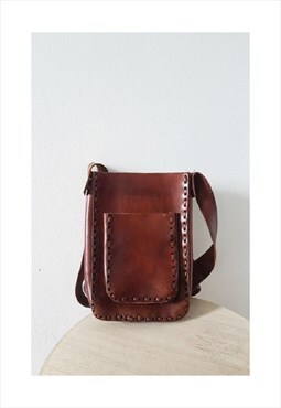 Vintage Rustic Brown Tooled Unisex Brown Leather Bag