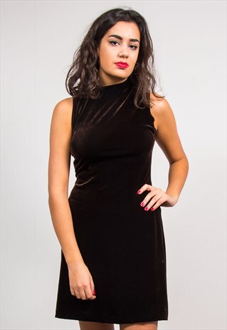 VINTAGE 90'S DARK BROWN HIGH NECK VELVET DRESS