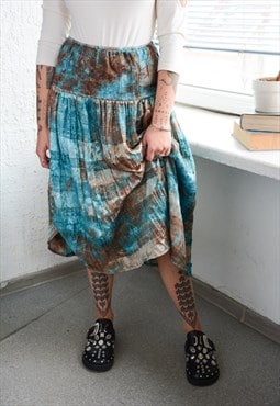 Vintage Y2K Blue/Brown Pleated Lace Details Midi Skirt