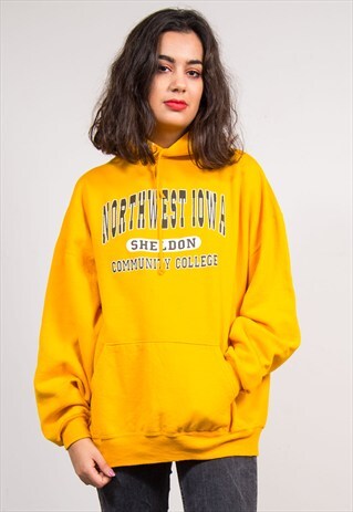 90'S YELLOW NORTHWEST IOWA USA COLLEGE HOODIE SWEATSHIRT