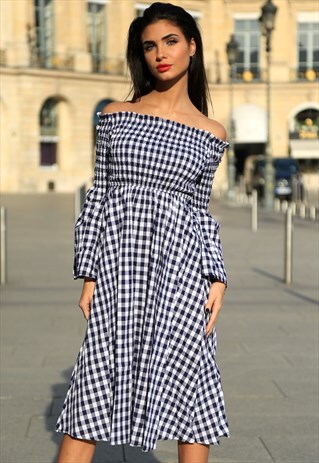 OFF-THE-SHOULDER GINGHAM MIDI DRESS
