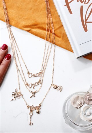 GOLD ONCE UPON A TIME CHARM MULTI LAYER STATEMENT NECKLACE