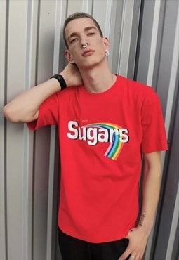 Sugar slogan t-shirt rainbow print tee in red