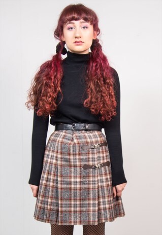 VINTAGE 90'S BROWN CHECK TARTAN PLEATED HIGH WAIST SKIRT