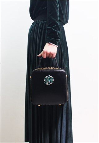 BLACK LEATHER ZIPPER BOX TOTE BAG SHOULDER BAG MINI BAG