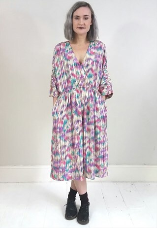 VINTAGE 80'S LIGHT SHIMMERY PINK AND WHITE CROSSOVER DRESS