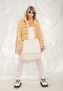Vintage Sisley Teddy Coat Y2K Faux Fur Crop Jacket in Beige