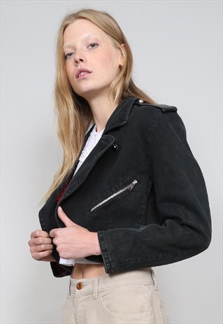 VINTAGE 80'S DESIGNER CROPPED BLACK DENIM BIKER JACKET