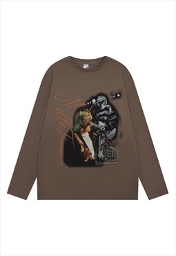 Rocker t-shirt Kurt Cobain top grunge punk long tee in brown