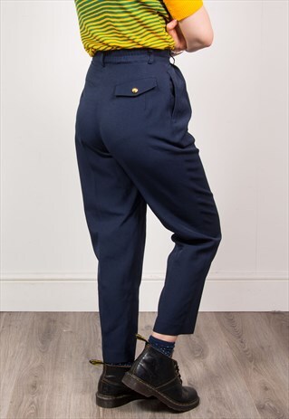 VINTAGE 90'S NAVY BLUE HIGH WAIST SMART TAPERED TROUSERS