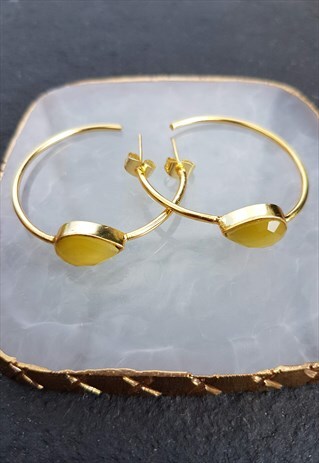 YELLOW SEMI PRECIOUS GOLD HOOP EARRINGS
