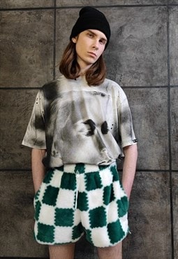 Check fleece shorts handmade Chess print overalls in green