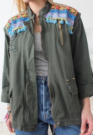 VINTAGE KHAKI JACKET MILITARY ETHNIC EMBROIDERY