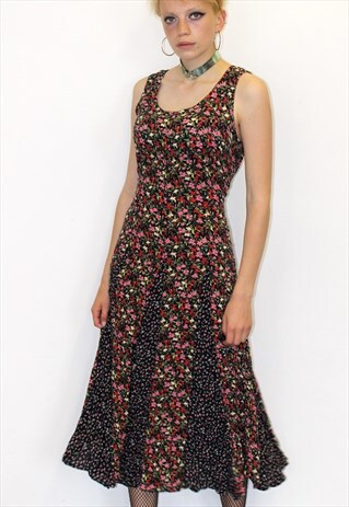 90S VINTAGE FLORAL BOHO FESTIVAL DITSY PRINT MIDI TEA DRESS