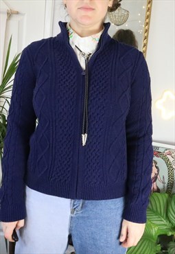 Vintage Y2K Navy Knitted Cable Fisherman Aran Knit Cardigan