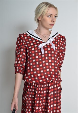 VINTAGE 1950S SAILOR DRESS IN RED AND WHITE GEOMETRIC